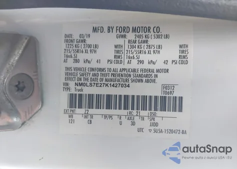 2019 Ford Transit Connect Xl z USA, uszkodzony, nr VIN NM0LS7E27K1427034